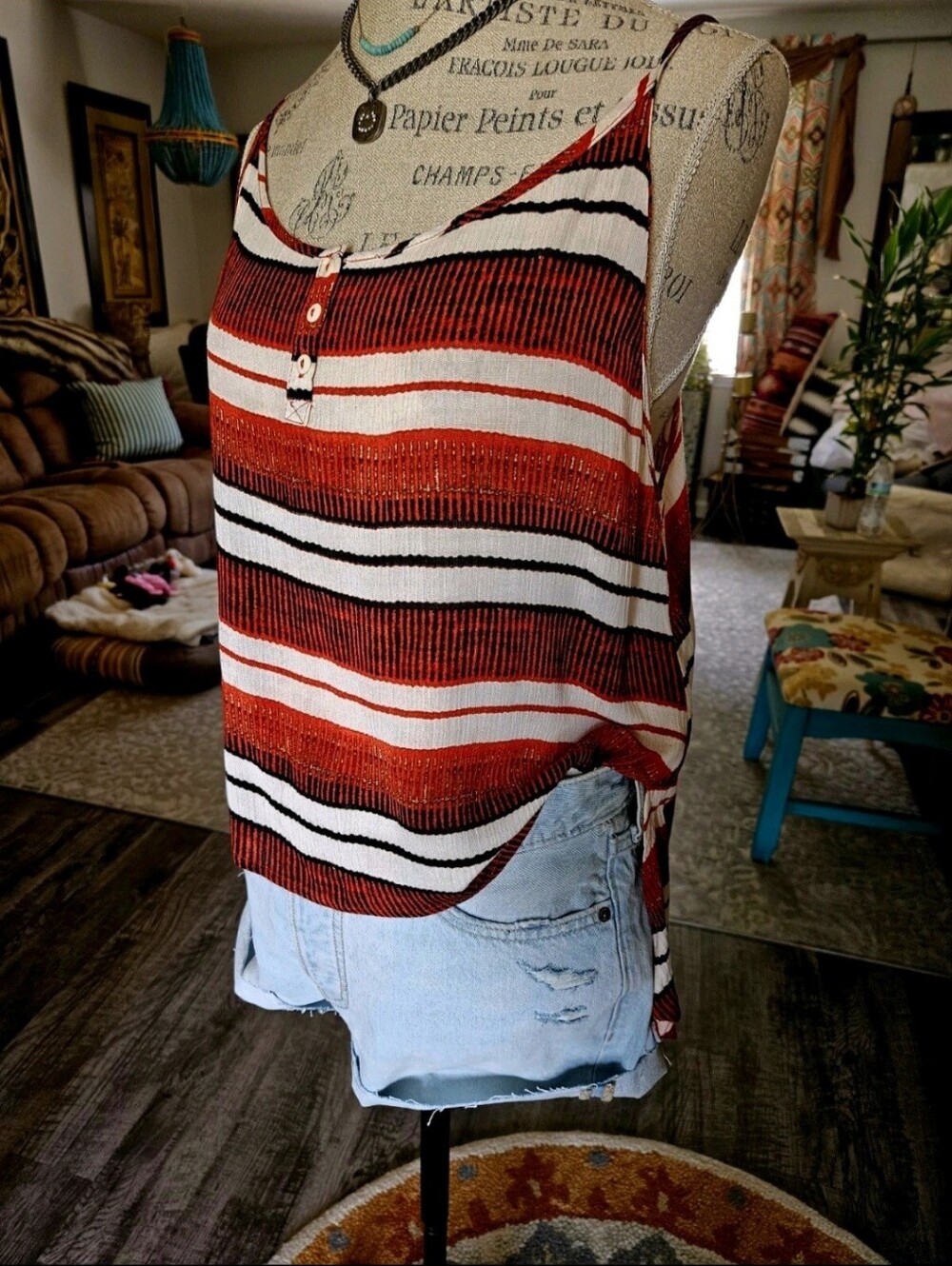 NWOT Womens Jack Brand Cami/Top Stripes With Fall Colors Burnt Orange Red Blk M